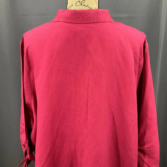 Avenue Top Women 22/24 Red Linen Floral Embroidery Button Up Ruched Sleeve Shirt - Picture 9 of 11